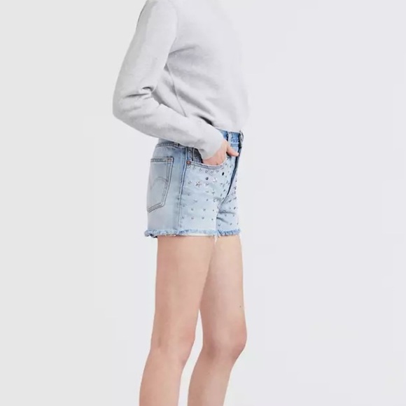 Levi's 501 High Rise Embellished  Asteroid Studs Light Wash Cutoff Shorts SZ 24 - Picture 9 of 10